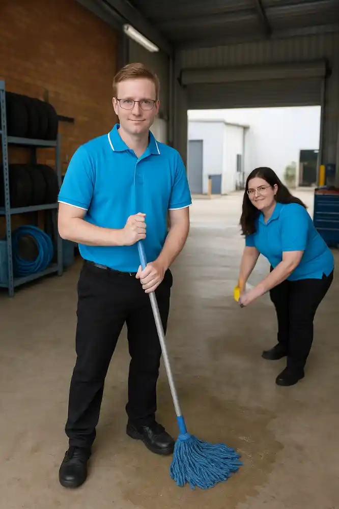 two cleaners mop and scrub a commercial space